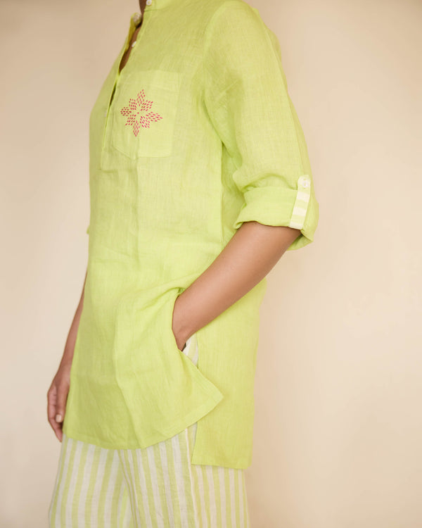Green linen short kurta pant set