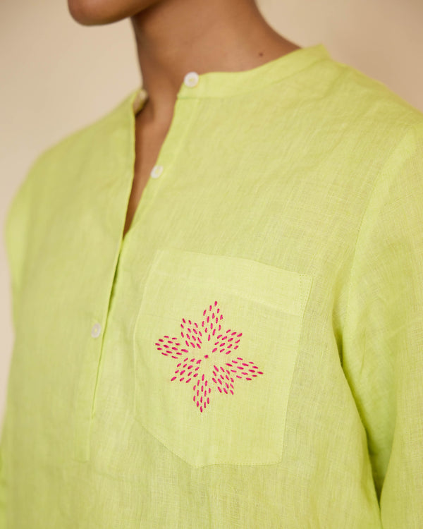 Green linen short kurta pant set