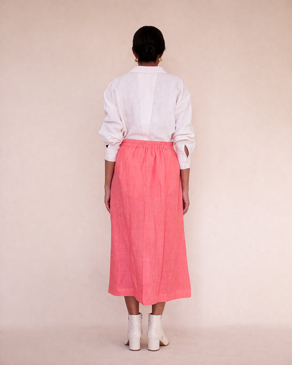 Peach skirt and off white linen shirt set