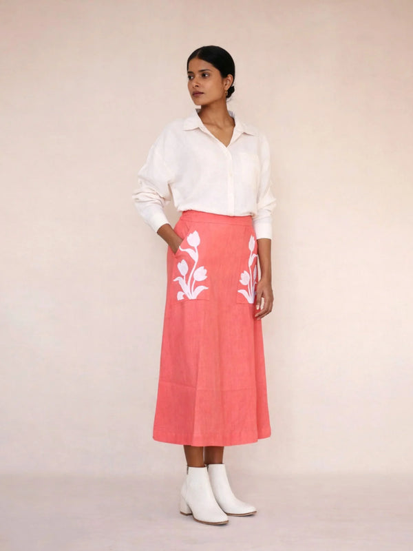 Peach Skirt & Off-White Linen Shirt Set