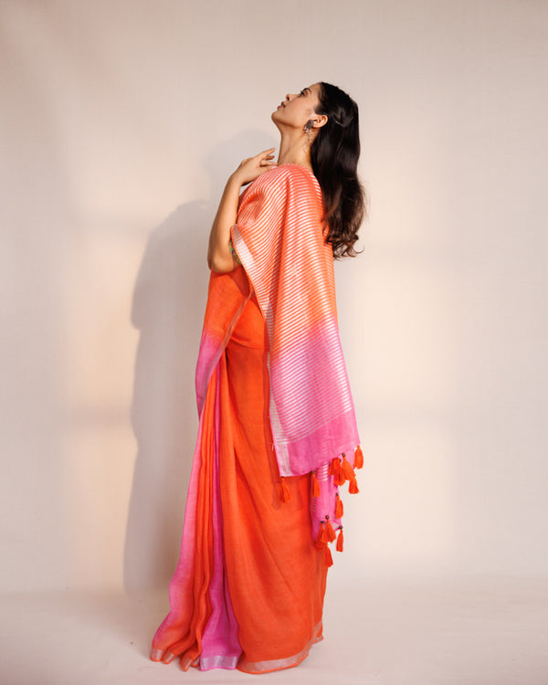 Rani orange ombre saree