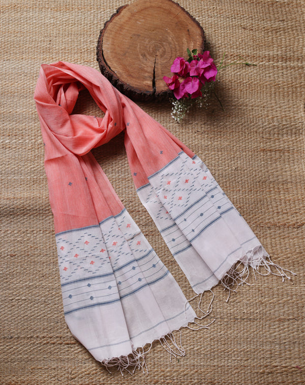 Peach 0ff-white Jamdani stole