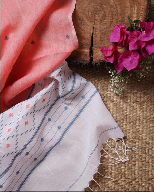 Peach 0ff-white Jamdani stole