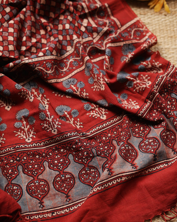 Rust maroon scallop print Ajrakh stole