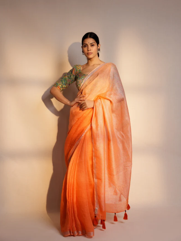 Yellow white stripe linen saree