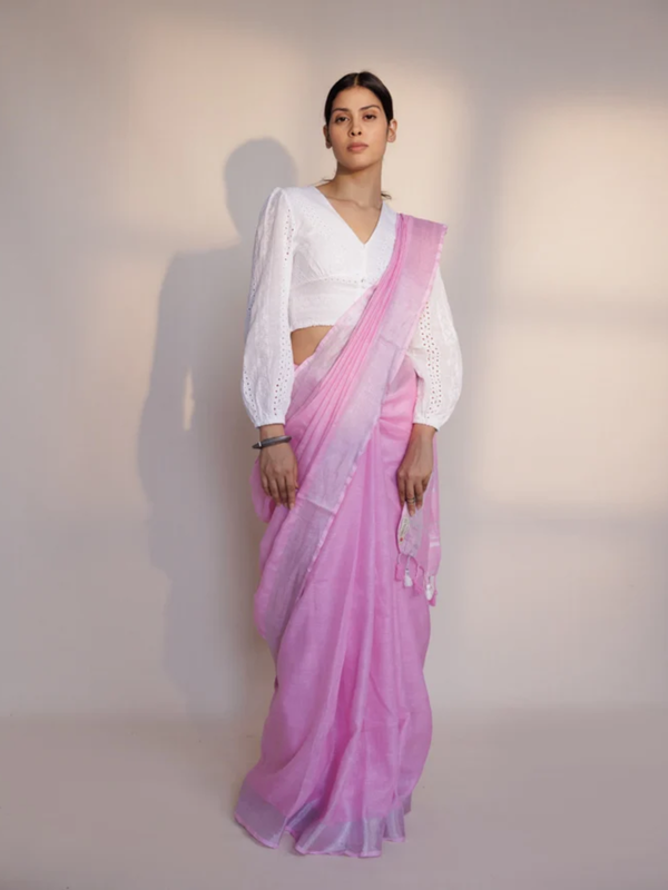 Yellow white stripe linen saree