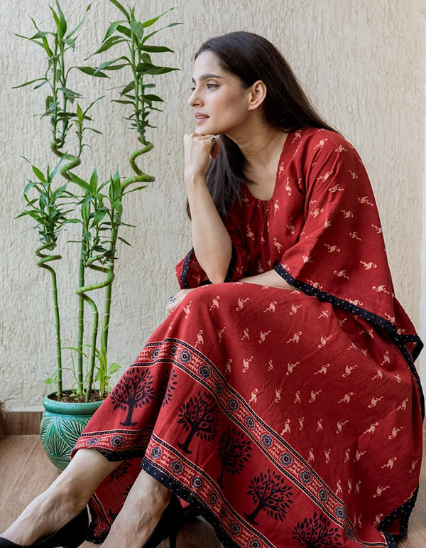 AK/KF/03 - Rust bird motif Ajrakh print gather neck long kaftan
