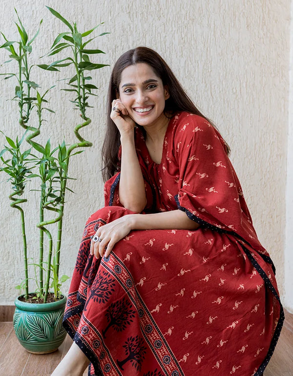 AK/KF/03 - Rust bird motif Ajrakh print gather neck long kaftan