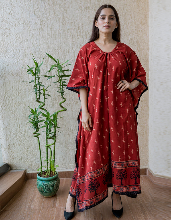 AK/KF/03 - Rust bird motif Ajrakh print gather neck long kaftan
