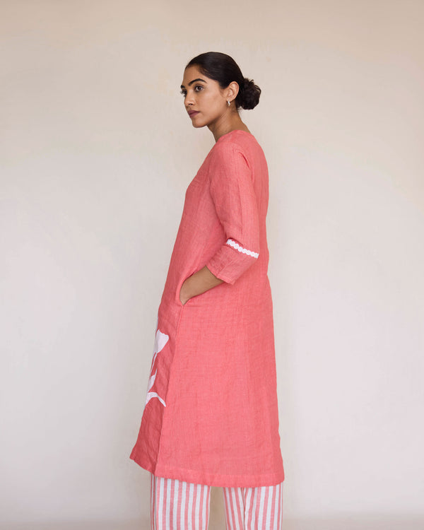 Peach linen Applique kurta set