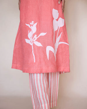 Peach Linen Appliqué Kurta Set