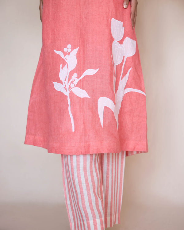 Peach linen Applique kurta set