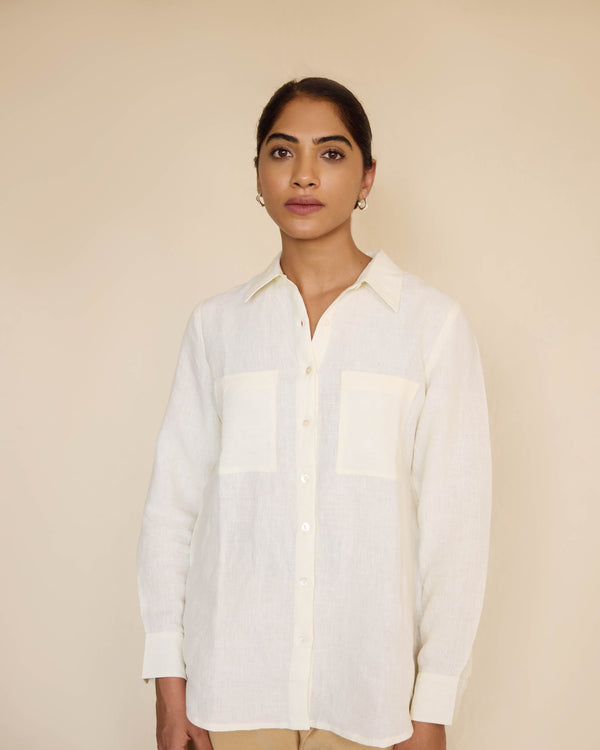 Green skirt and off white linen shirt set