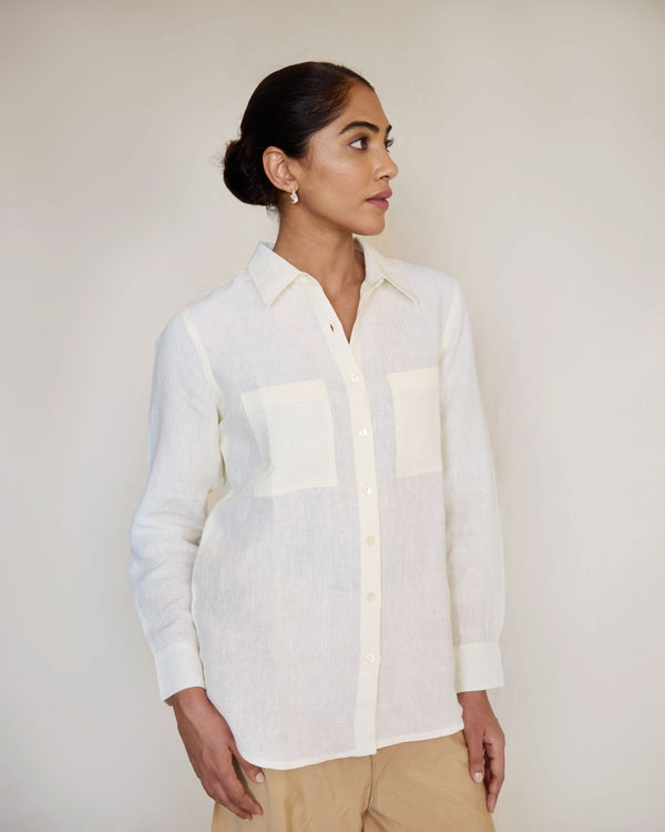 Green skirt and off white linen shirt set