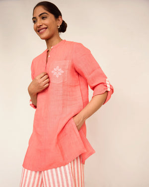 Peach Linen Short Kurta & Pant Set