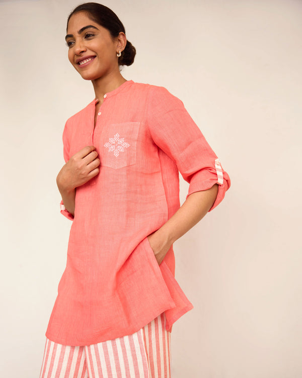 Peach linen short kurta pant set
