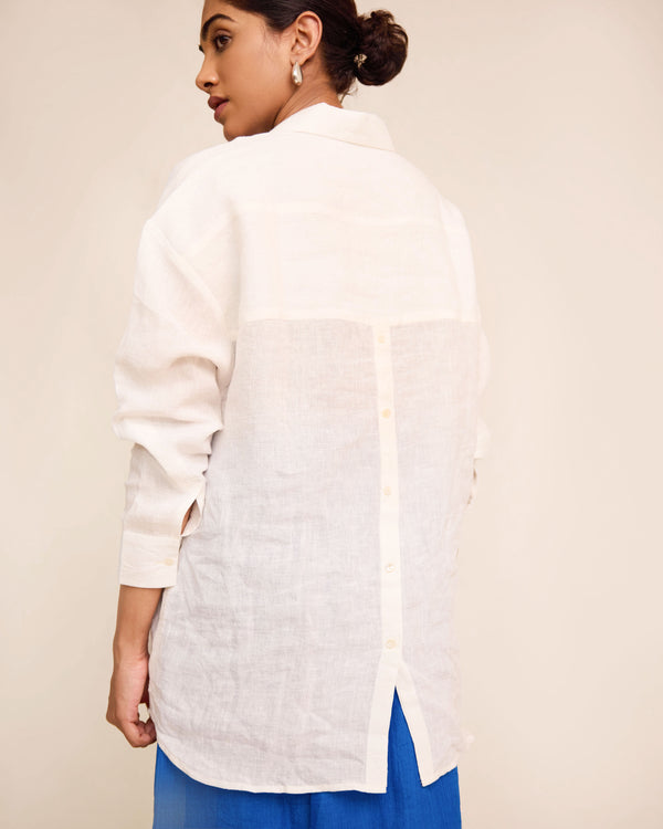 Blue skirt and off white linen shirt set