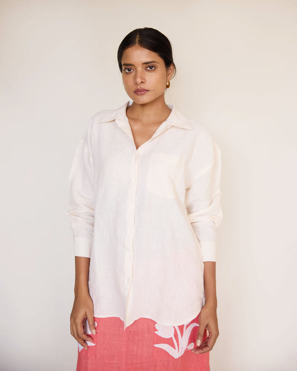 Peach skirt and off white linen shirt set