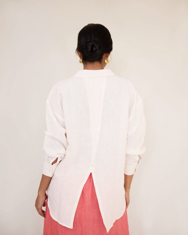 Peach skirt and off white linen shirt set