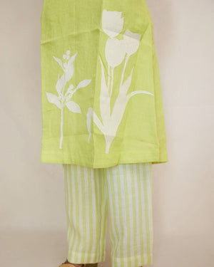 Green Linen Appliqué Kurta Set