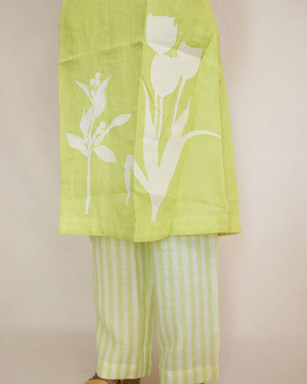 Green linen Applique kurta set
