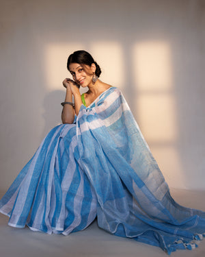 Blue White Stripe Linen Saree