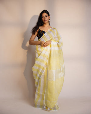 Yellow White Stripe Linen Saree