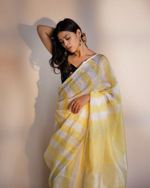 Yellow White Stripe Linen Saree