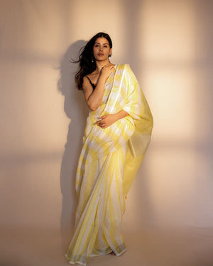 Yellow White Stripe Linen Saree