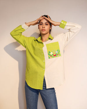 Off White And Green Half And Half Shirt