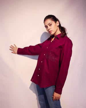 Wine Handloom Linen Cotton Shirt