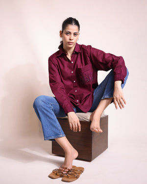 Wine Handloom Linen Cotton Shirt