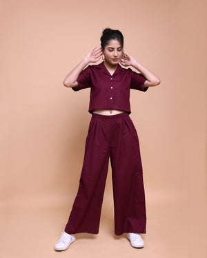 Wine Handloom Linen-Cotton Co-ord Set