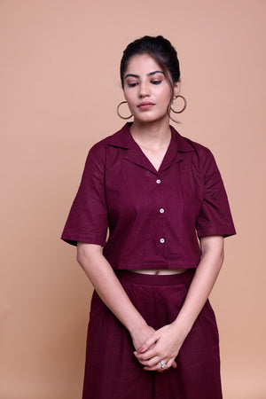 Wine Handloom Linen-Cotton Co-ord Set