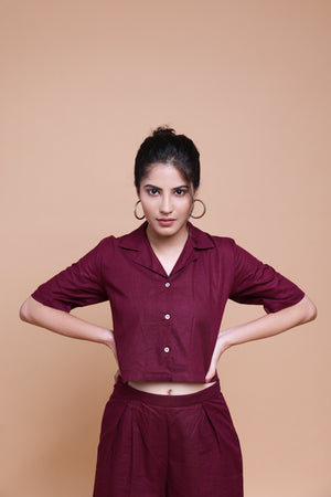 Wine Handloom Linen-Cotton Co-ord Set