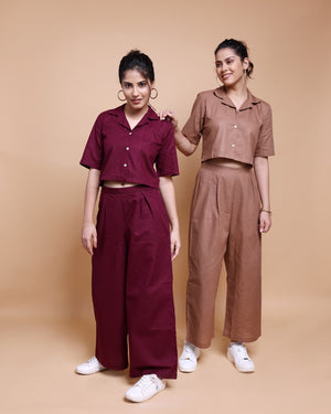 Wine Handloom Linen-Cotton Co-ord Set