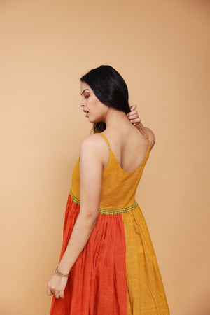 Colour block mustard and rust spaghetti dress