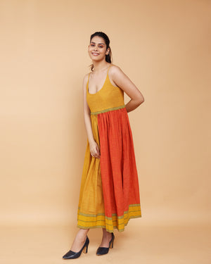 Colour block mustard and rust spaghetti dress