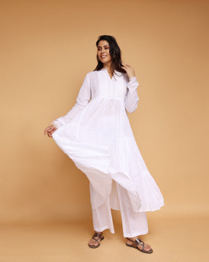 White Cotton dobby embroidered flare kurta pant Co-Ord Set