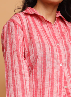 Peach white stripes cotton poly shirt and shorts Co-ord set