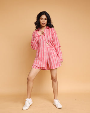 Peach white stripes cotton poly shirt and shorts Co-ord set