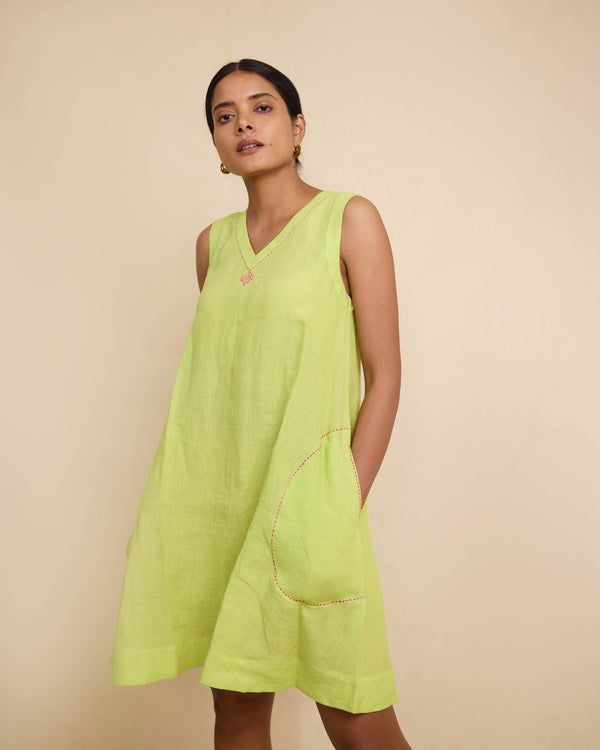Green linen plain dress