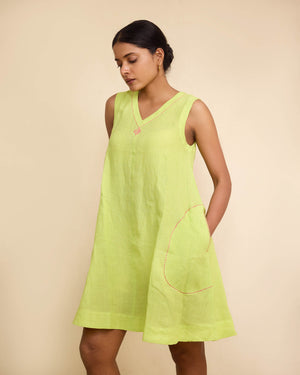 Green Linen Plain Dress