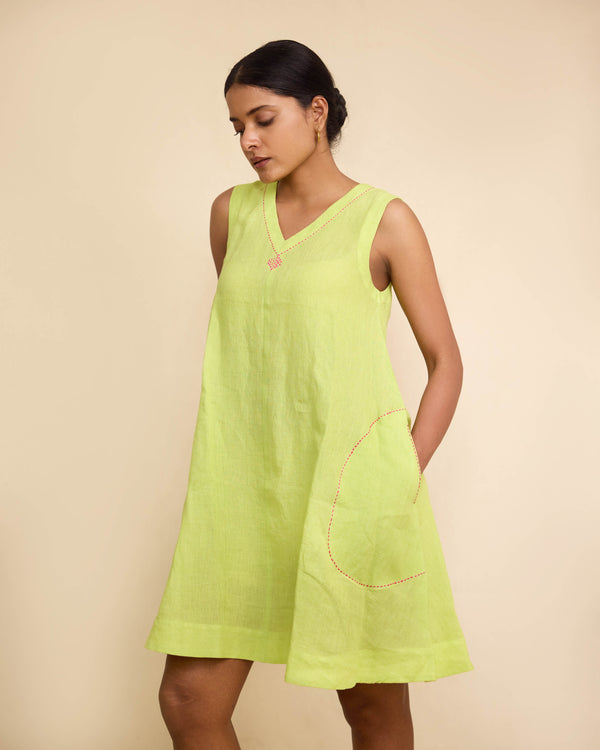 Green linen plain dress