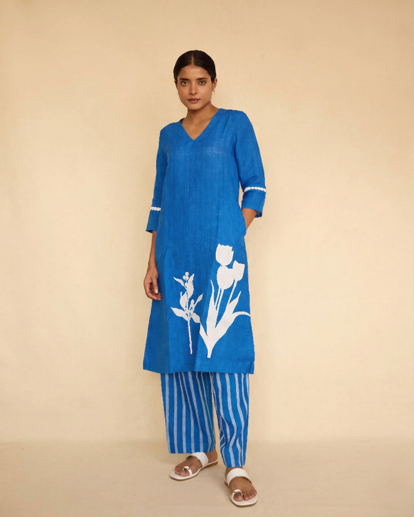 Blue linen Applique kurta set