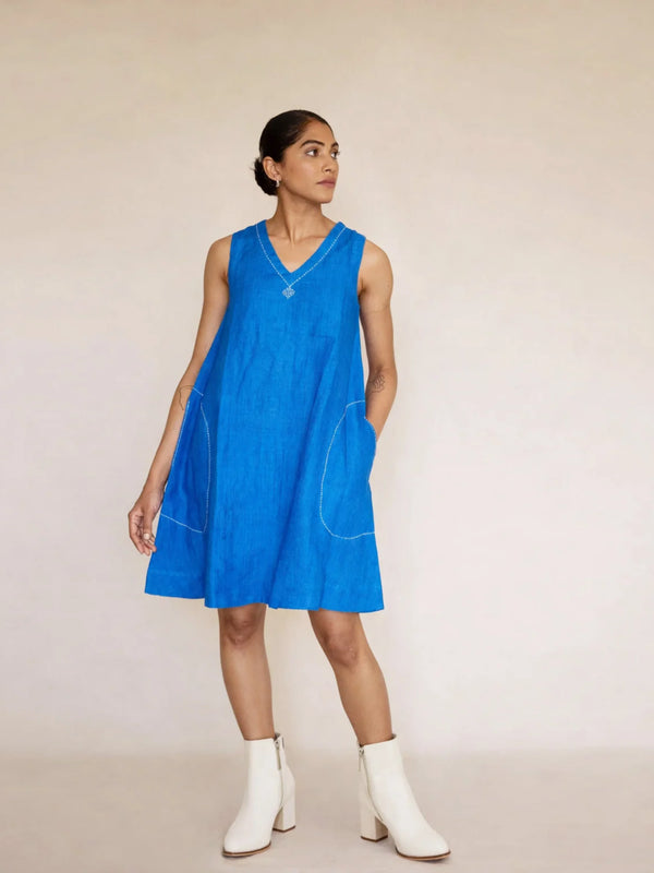 Blue Linen Plain Dress