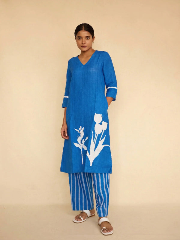Blue Linen Appliqué Kurta Set