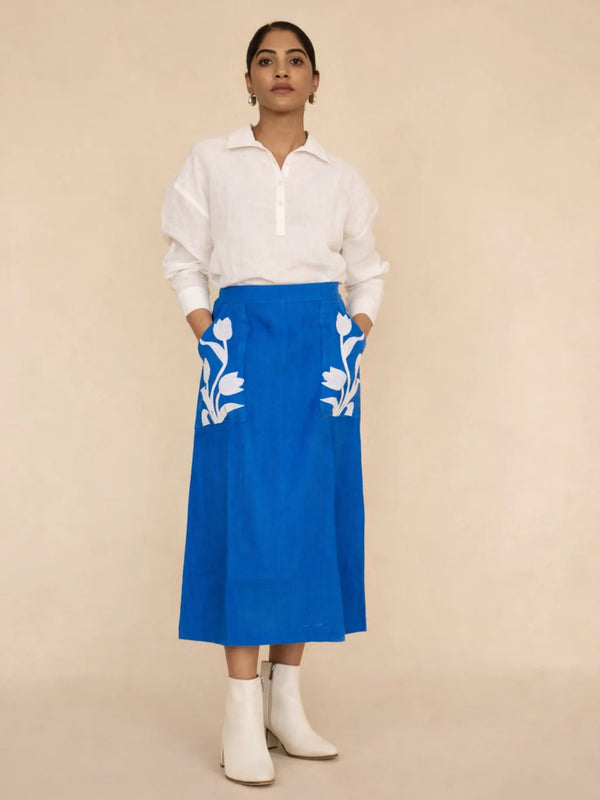 Blue Skirt & Off-White Linen Shirt Set