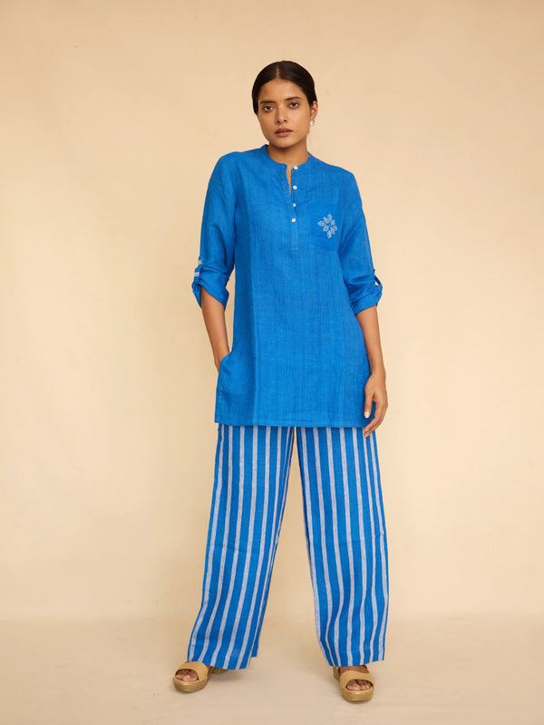 Blue Linen Short Kurta & Pant Set