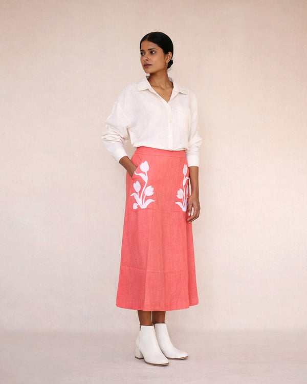 Peach skirt and off white linen shirt set